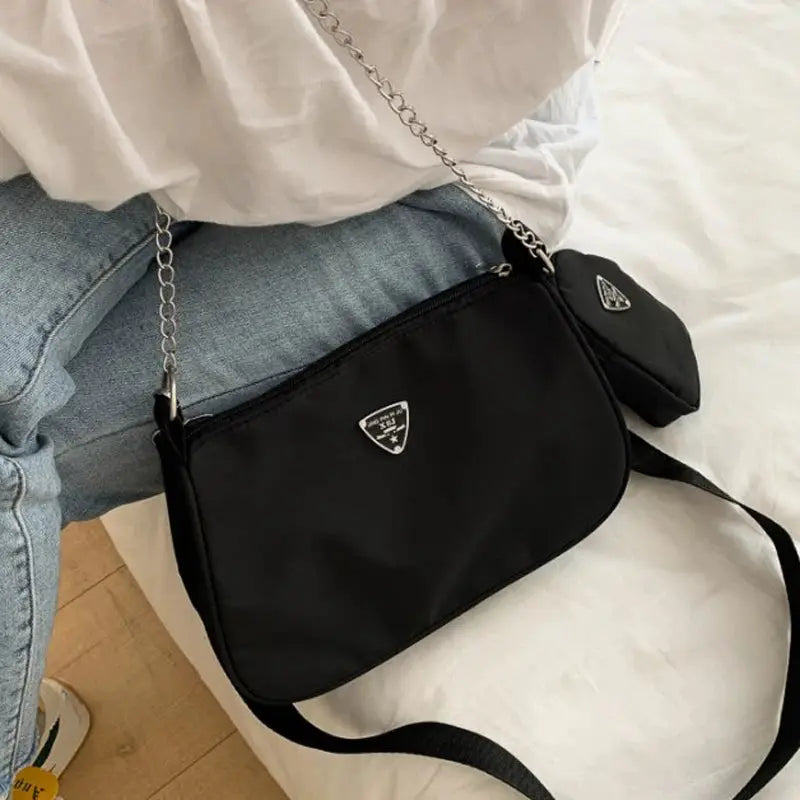 VoyageNyl Nylon Shoulder Bag Set Two Piece Solid Color Handbags With Chain Straps For Daily Use And Travel