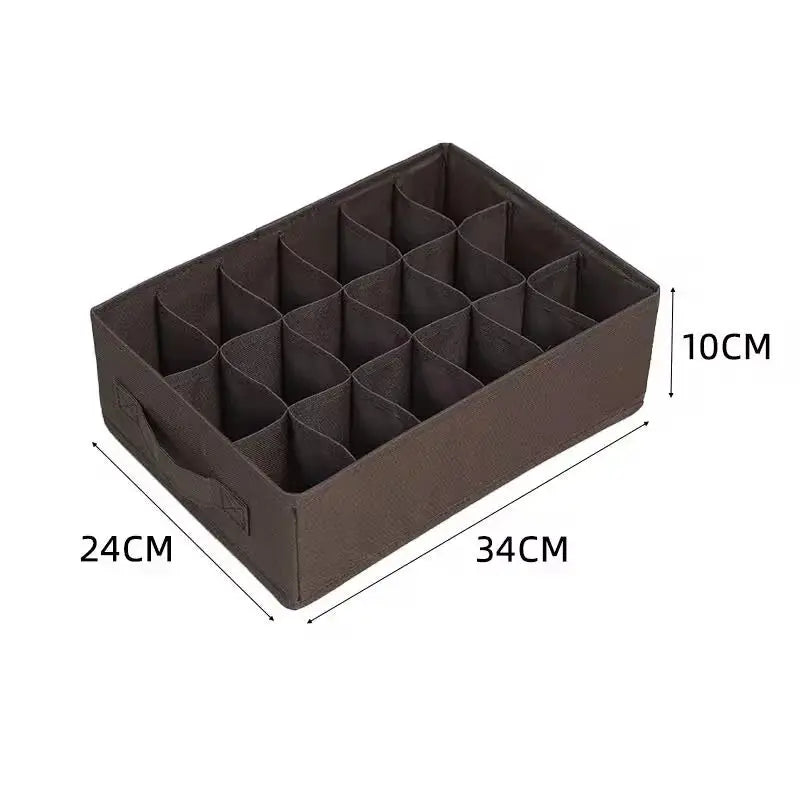 Brown fabric socks and underwear organizer storage box with 16 compartments, 34x24x10 cm.