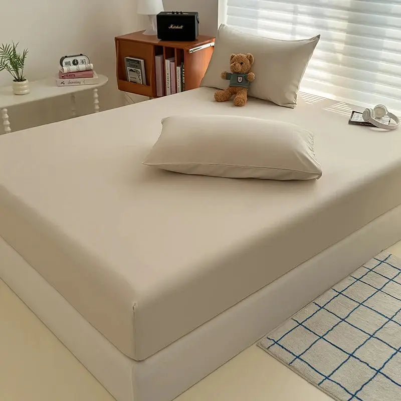 Washed fitted sheet with elastic bands mattress cover in beige for single to king beds