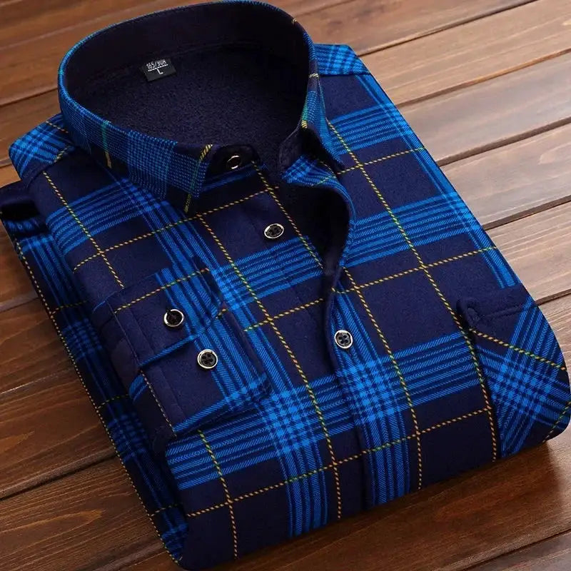 Men's plaid flannel shirt, navy blue with yellow lines, long sleeve, thick warm top