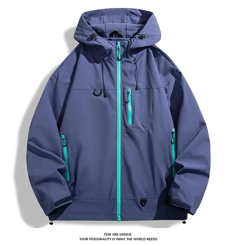 JNLN unisex waterproof windbreaker jacket in blue with teal zippers and hood.