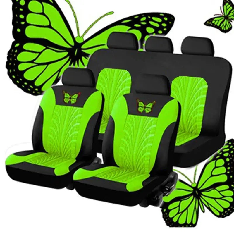 Car seat cover full set by Simples Market in neon green and black with butterfly embroidery for front and rear seats