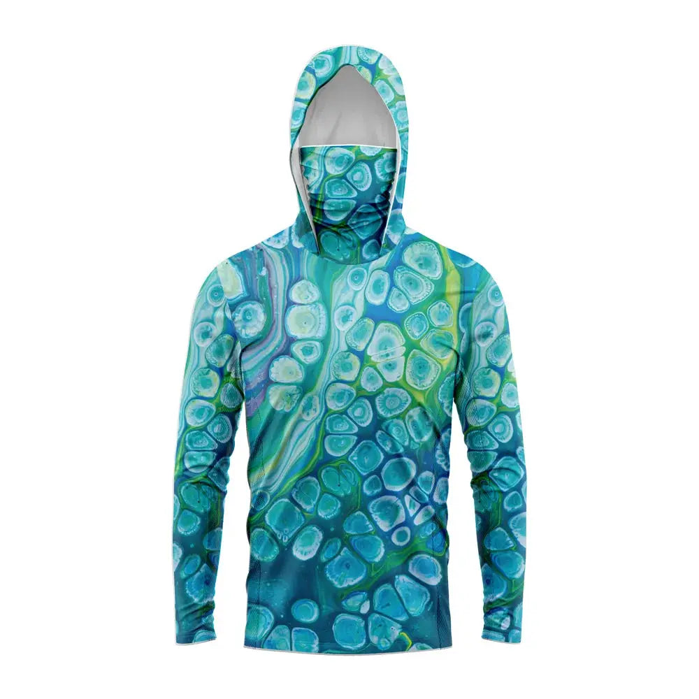 Men's hooded fishing shirt, long sleeve UV protection in turquoise geode pattern.