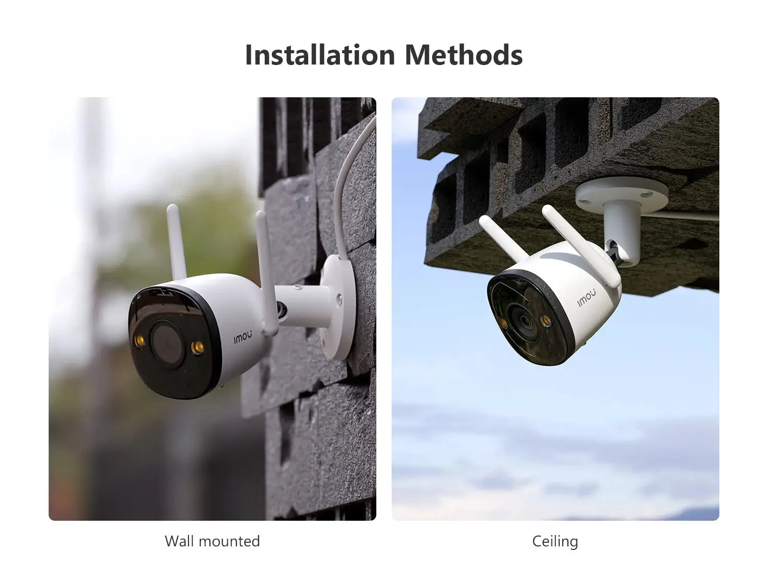 IMOU Bullet 2E outdoor security camera; white, wall- and ceiling-mounted options