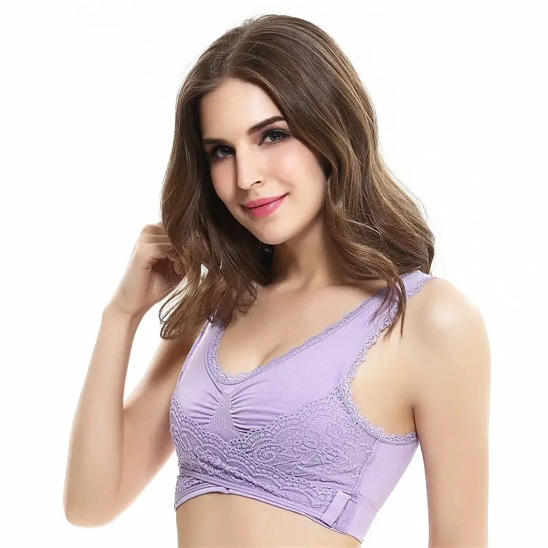 Lavender lace bralette with wide straps and floral lace detailing.
