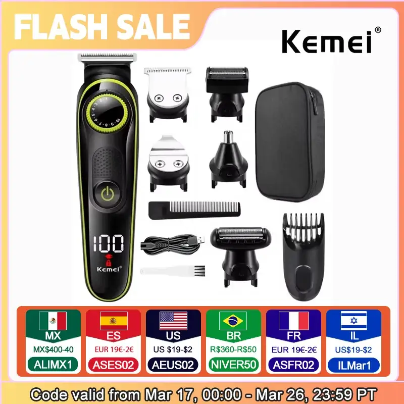 Kemei 696 electric hair clipper 5-in-1 grooming kit with multiple attachments, black with green trim