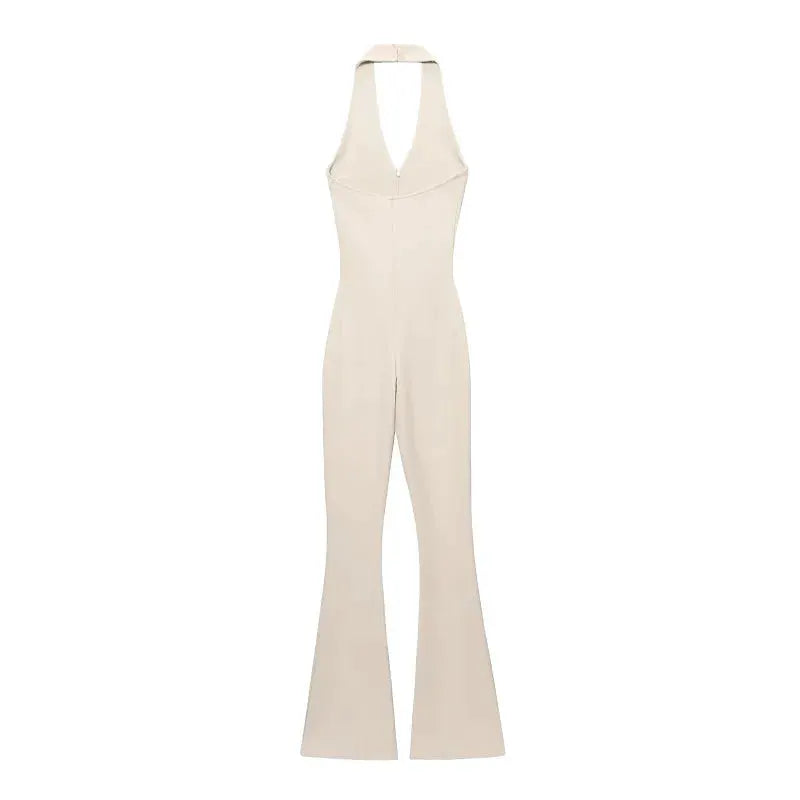 Simples Market MUJER 2025 long beige halterneck backless sleeveless jumpsuit with flared legs