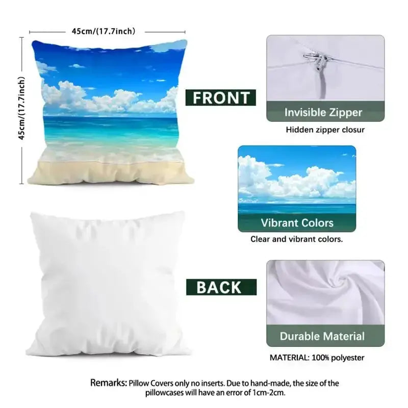 Simples Market Fat Cat Lying Down Print Pillowcase; front beach scene with vibrant colors, back white, polyester
