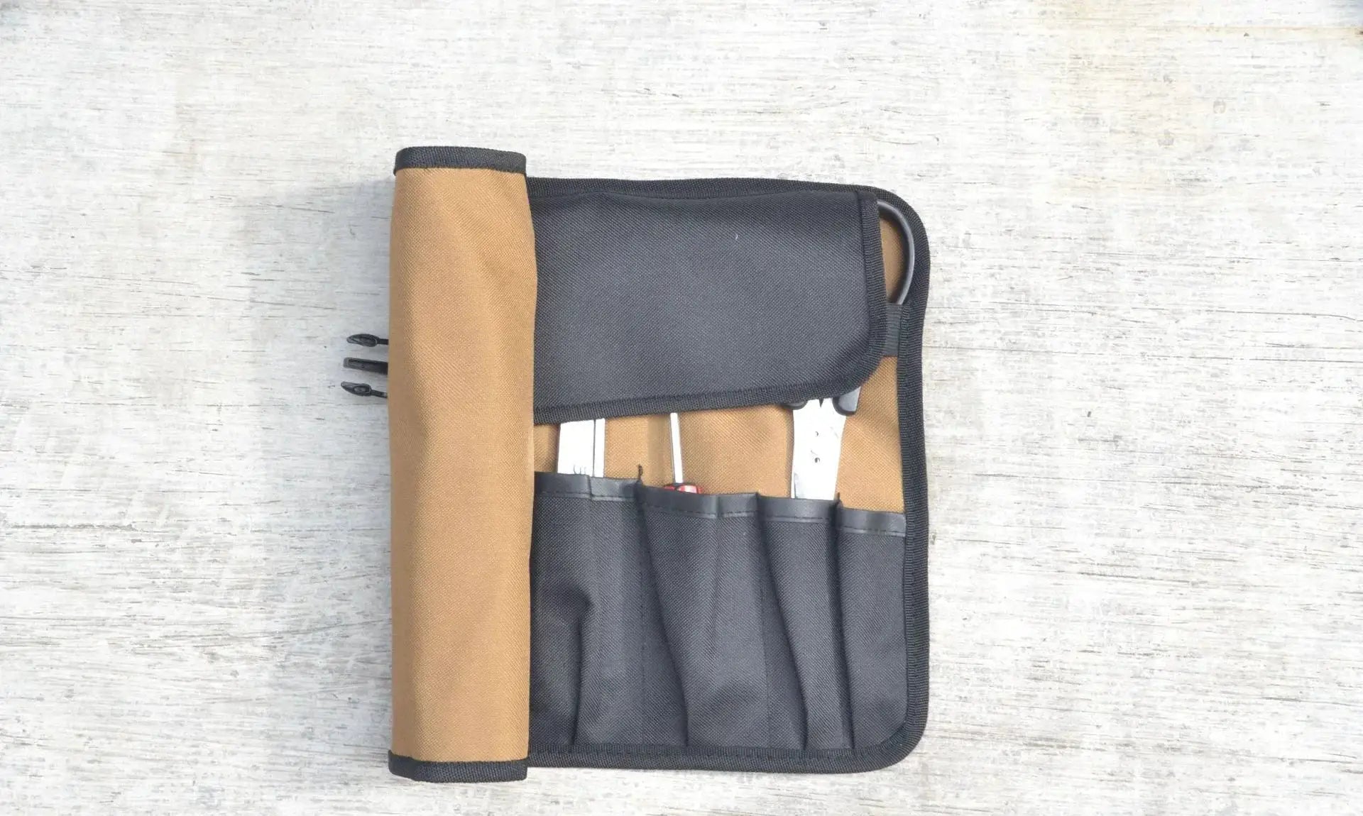 Oxford cloth roll tool pouch by Simples Market in brown and black, foldable pocket with wrenches and pliers