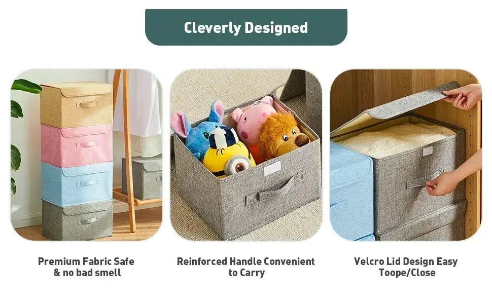 Washable cotton-linen folding storage boxes with lids by Simples Market, set of 3 colorful fabric bins