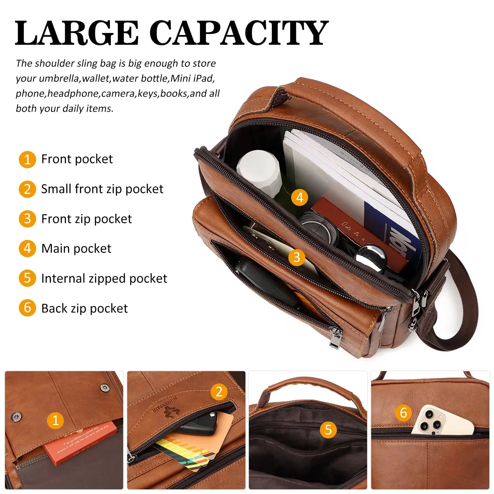 HUMERPAUL genuine leather small messenger bag for men, brown crossbody with multiple zip pockets.