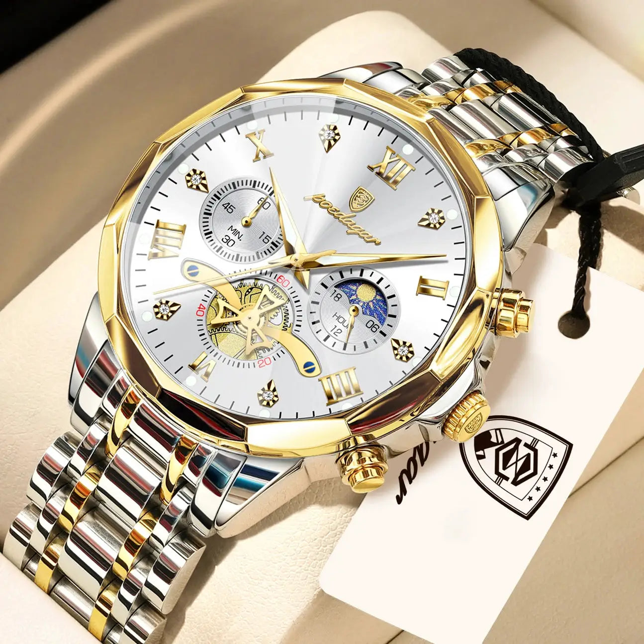 POEDAGAR Exquisite Business Mens Watch Waterproof Luminous Chronograph Luxury Stainless Steel Quartz Wristwatch