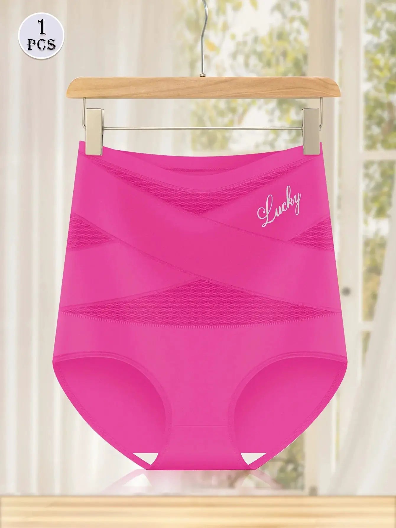 Pink high-waisted women's panties with breathable mesh panels and Lucky print, 1 piece