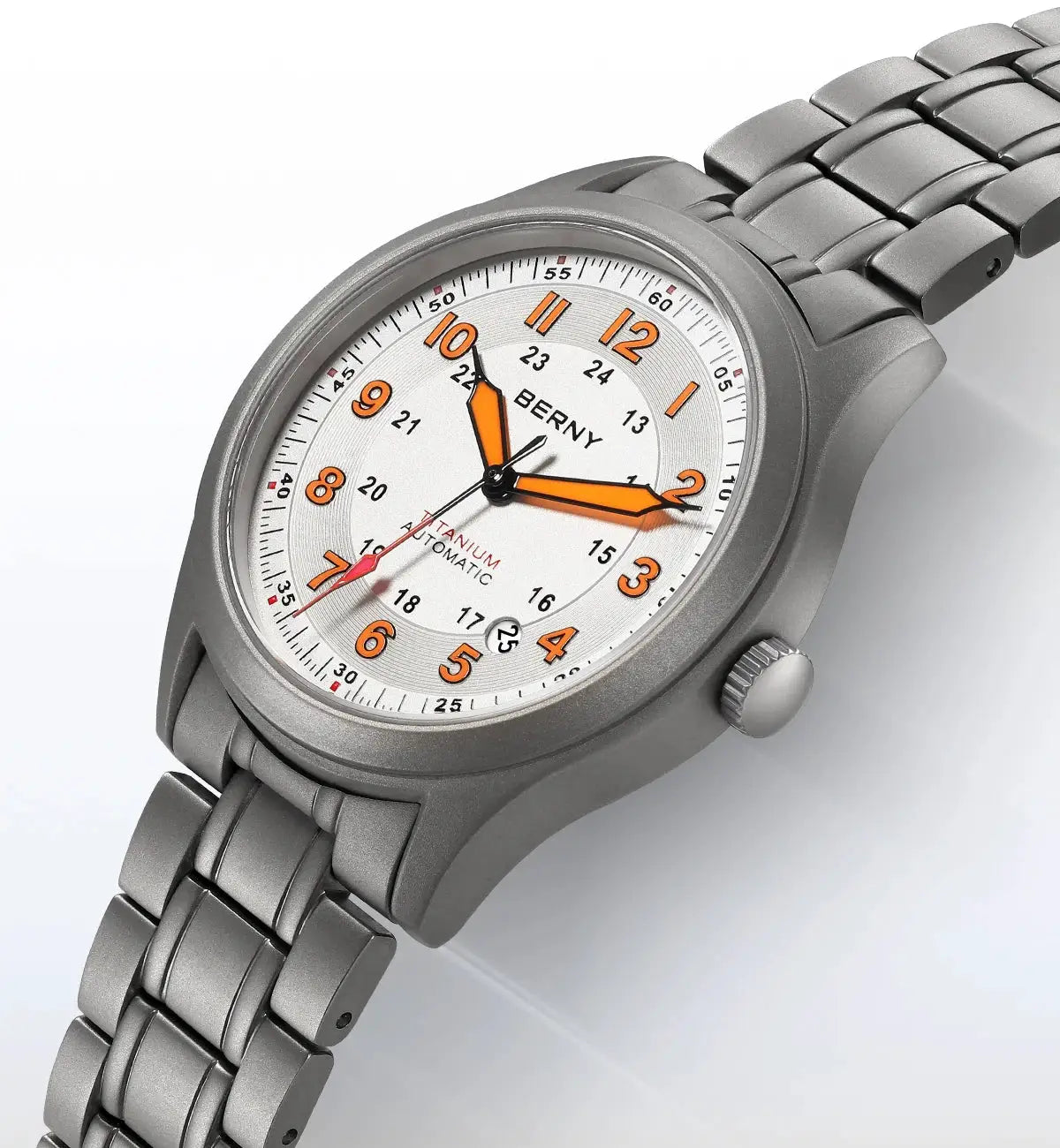 BERNY titanium automatic men's watch with orange luminous hands and white dial