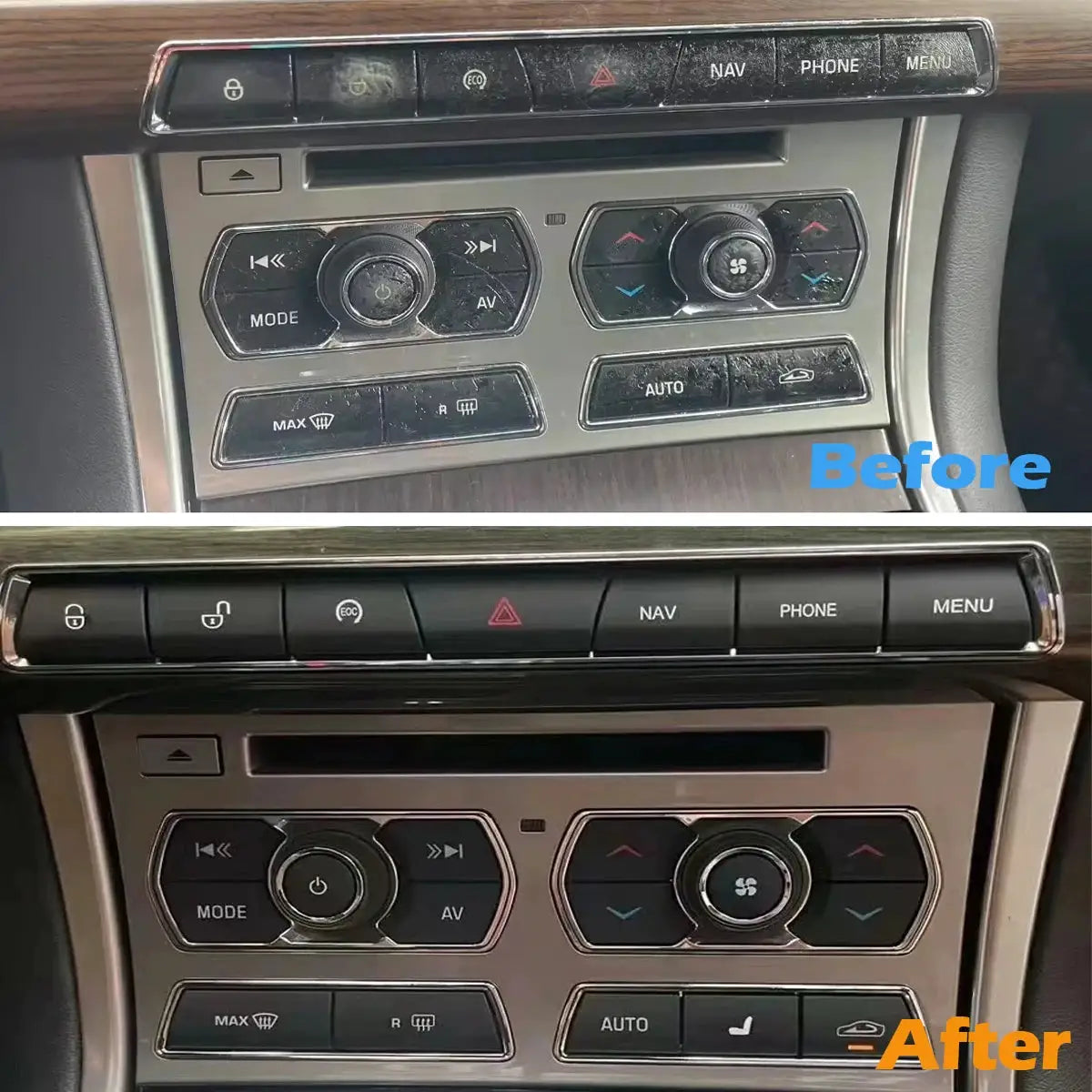 Sticky button cleaning refurbishment by Simples Market; two car-control panels, black glossy, before and after