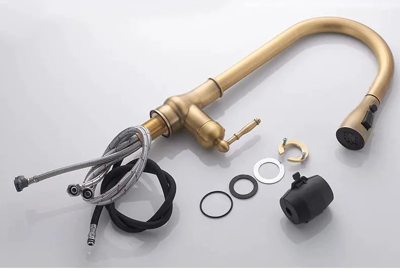 Antique bronze pull-out kitchen faucet with sprayer and hoses, includes mounting hardware