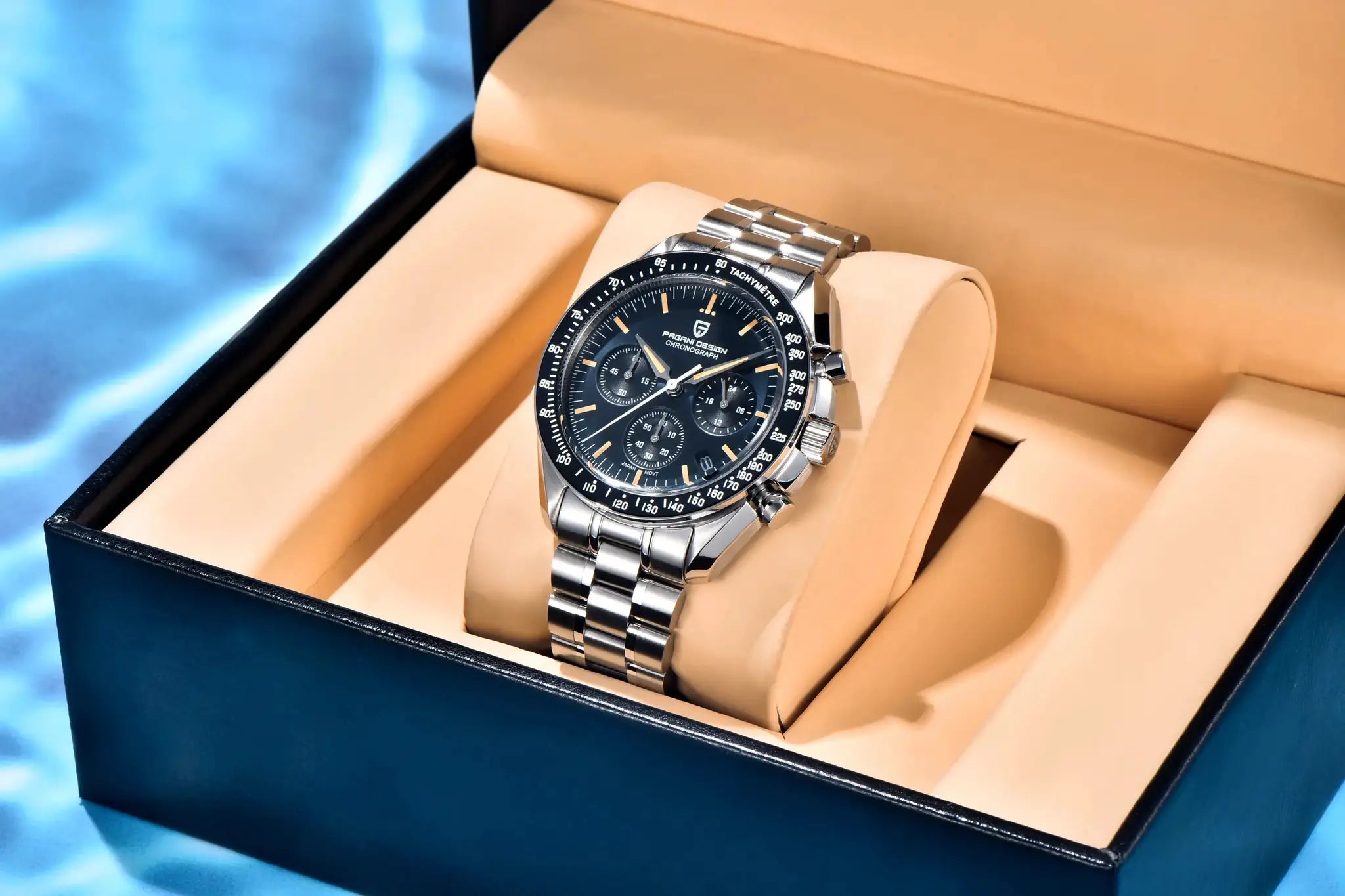 PAGANI DESIGN men's stainless steel chronograph watch with black dial and tachymeter bezel