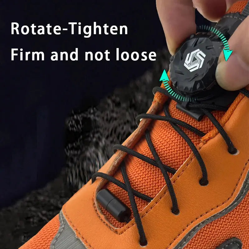 Simples Market automatic no-tie shoelaces with rotating dial on orange sneakers for kids and adults