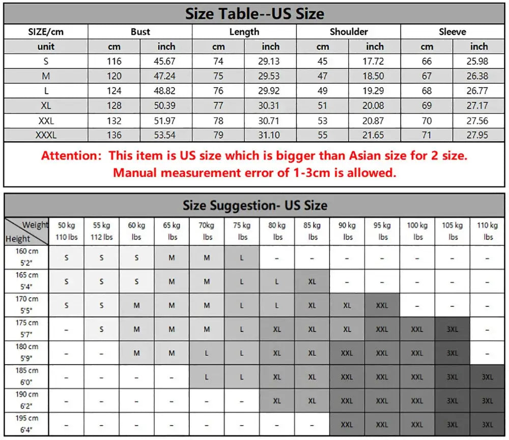Men's waterproof rain jacket size chart by Simples Market with US size table and measurements.