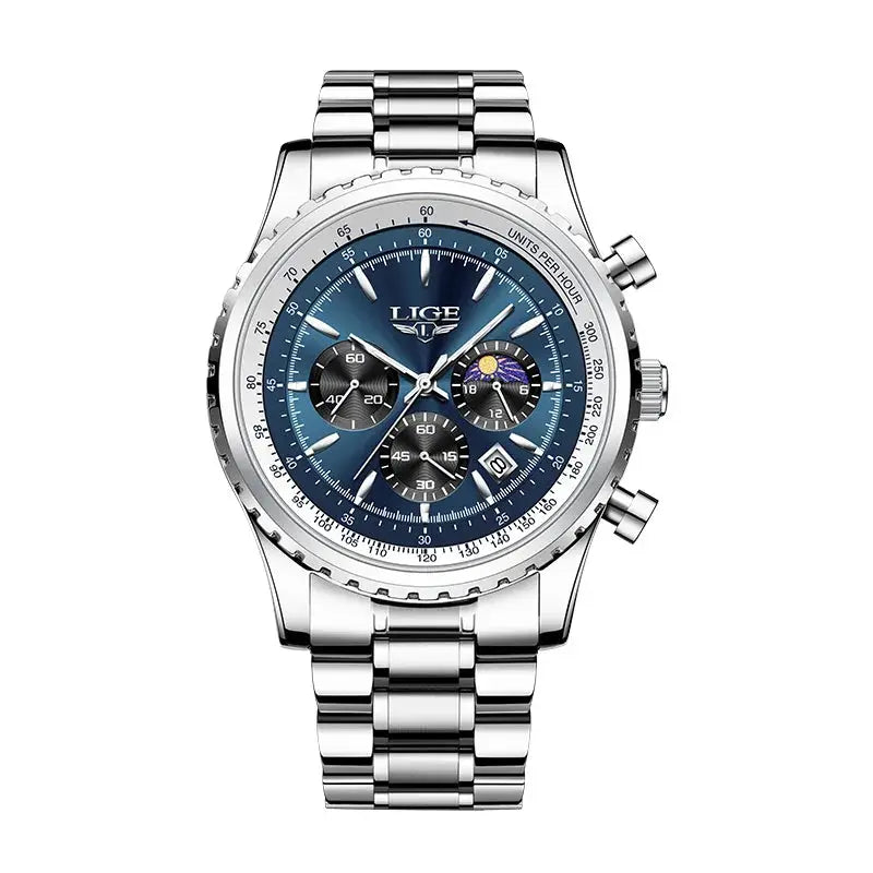 LIGE men's stainless steel chronograph watch with blue dial and silver bracelet