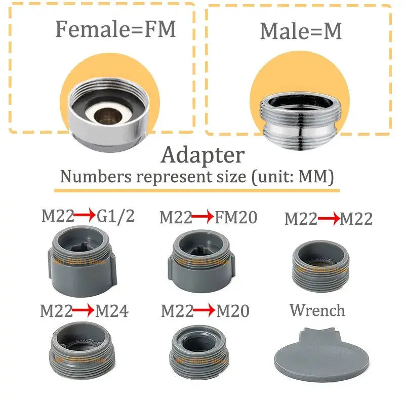 Faucet aerator adapter set by Simples Market with male/female fittings, 360° swivel, and multiple M22/M24/M20 threads