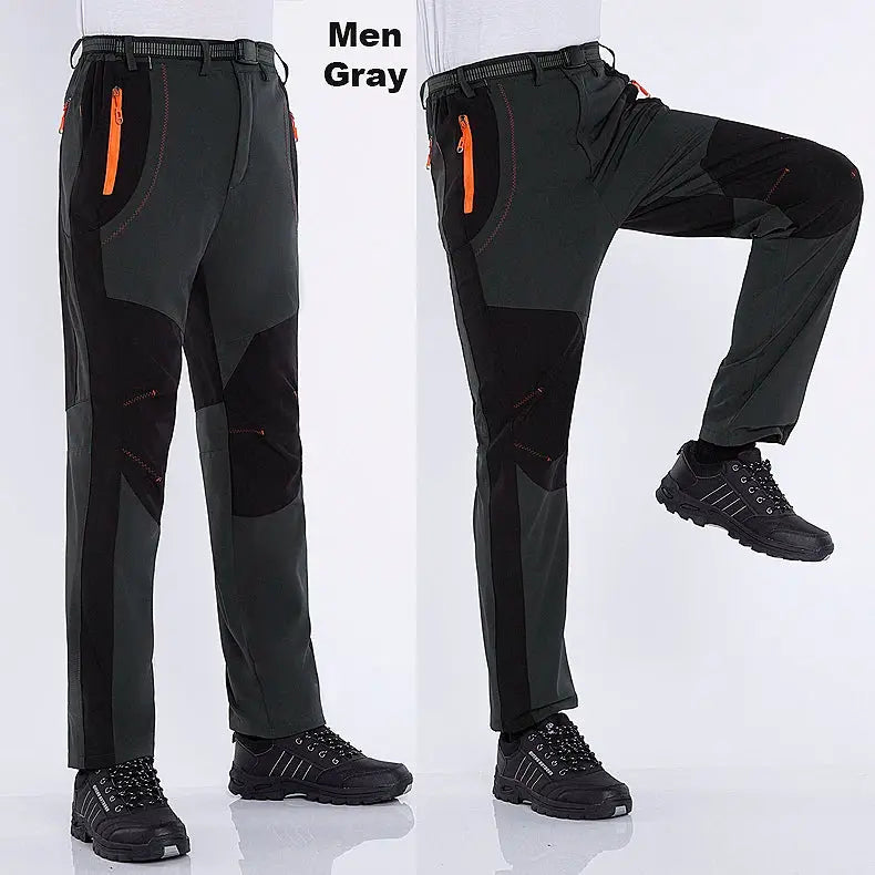 JNLN Thick Warm Fleece Hiking Pants for Men, gray/black with orange zip pockets, Simples Market