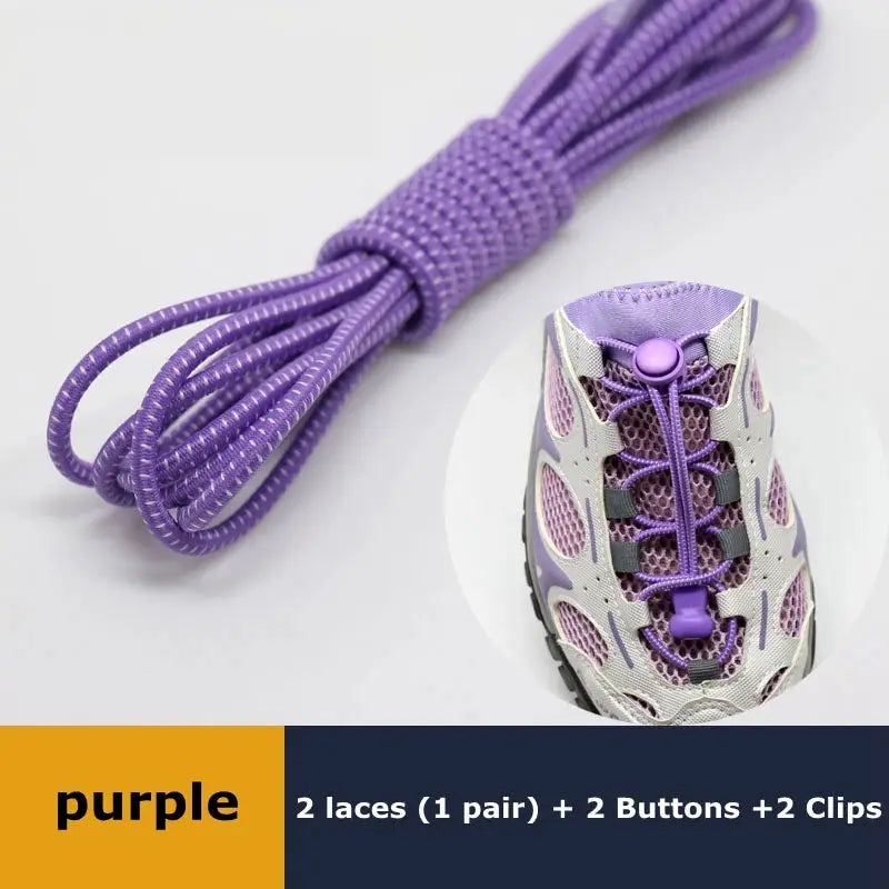 1 pair purple elastic no-tie shoelaces for sneakers by Simples Market, coiled beside a purple athletic shoe
