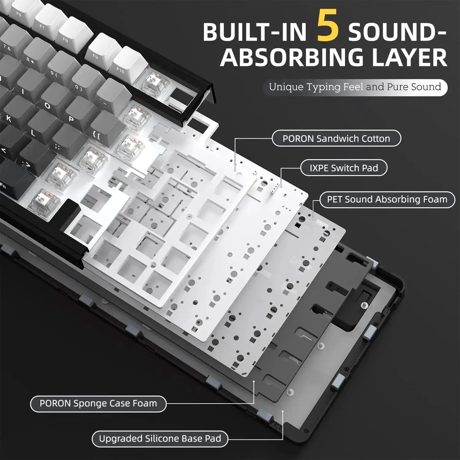 ATTACK SHARK X85 wireless mechanical keyboard by Simples Market; exploded view shows gasket structure and foam layers.