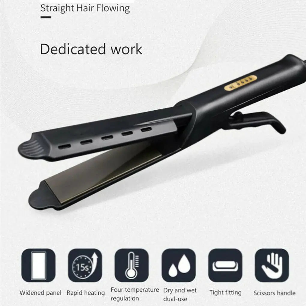 Hair straightener with widened panel, black color, four-gear temperature control, ceramic tourmaline plates