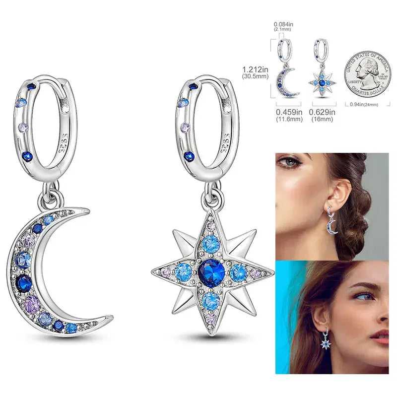 925 Silver Hoop Earrings For Women Zircon Heart Shape Star Eardrops Original Fashion Jewelry