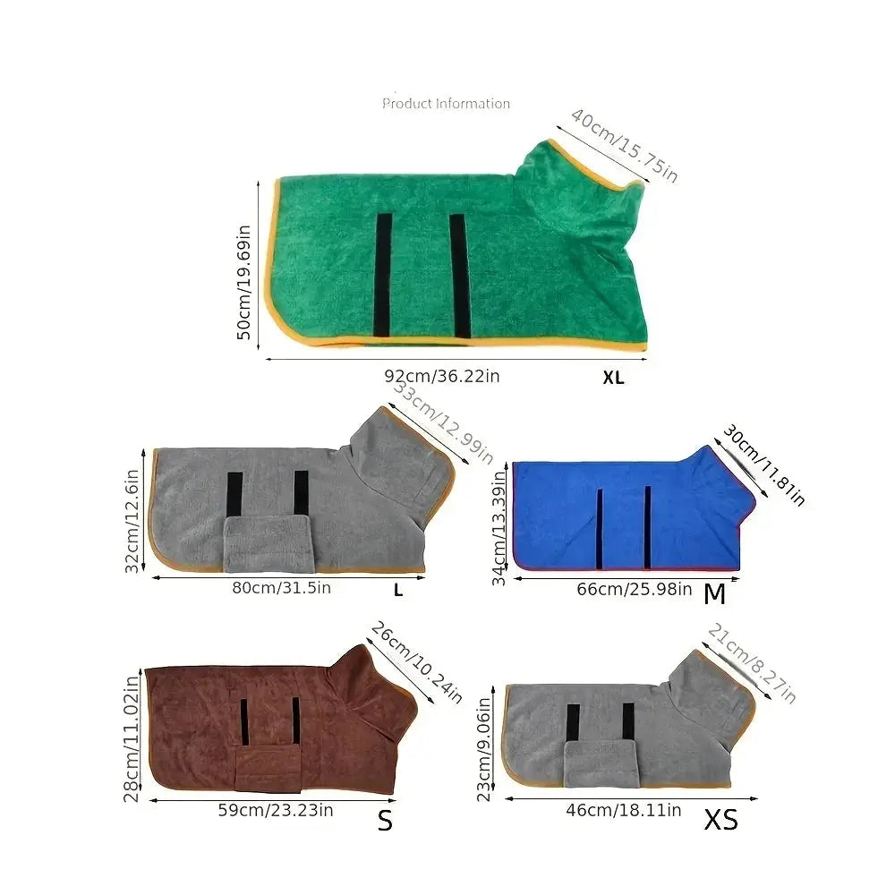 Simples Market dog bathrobe towel set; absorbent, quick-drying; green, gray, blue, brown, light gray colors; sizes XL–XS