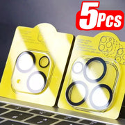 5-pack tempered glass camera lens protectors for iPhone 13–17, black circular rings on yellow packaging