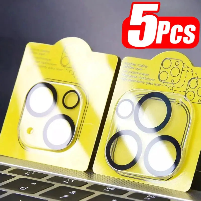 5-pack tempered glass camera lens protectors for iPhone 13–17, black circular rings on yellow packaging