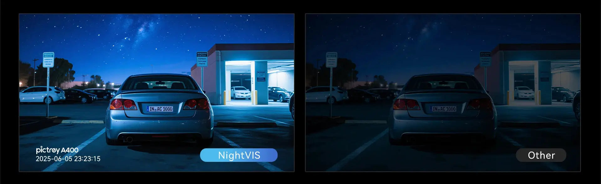 Pictrey A400 dash cam night-vision comparison: two-panel shot of a silver car in a parking lot, NightVIS vs Other