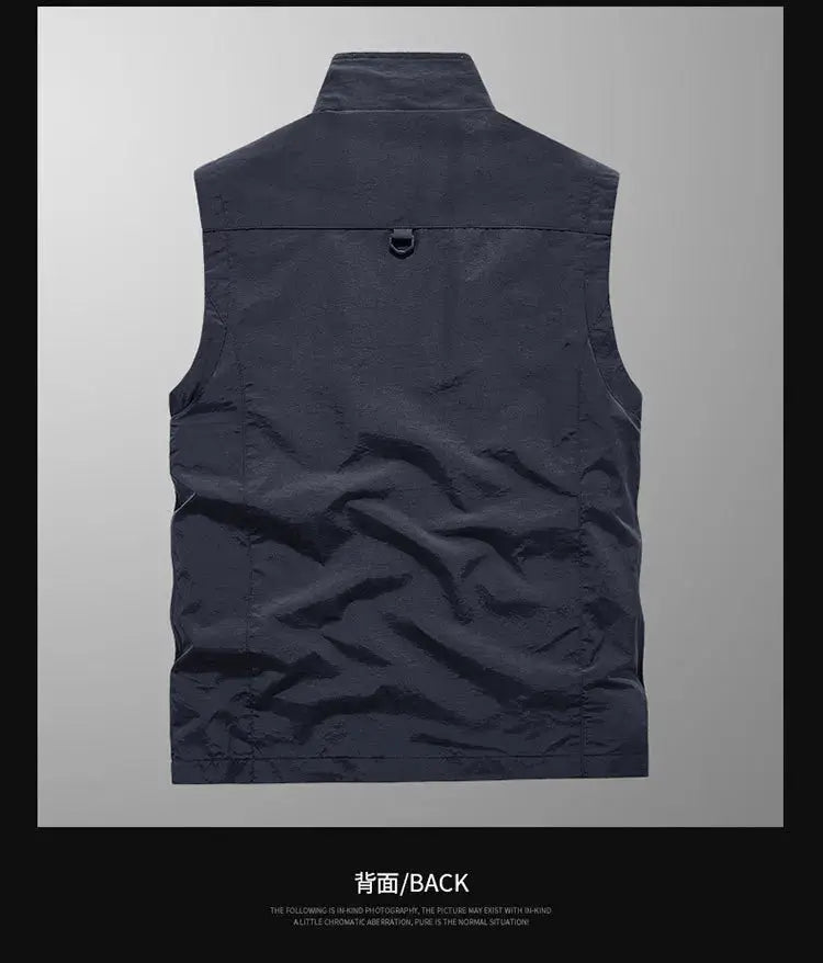Men's outdoor cargo vest by Simples Market, navy blue breathable mesh sleeveless waistcoat