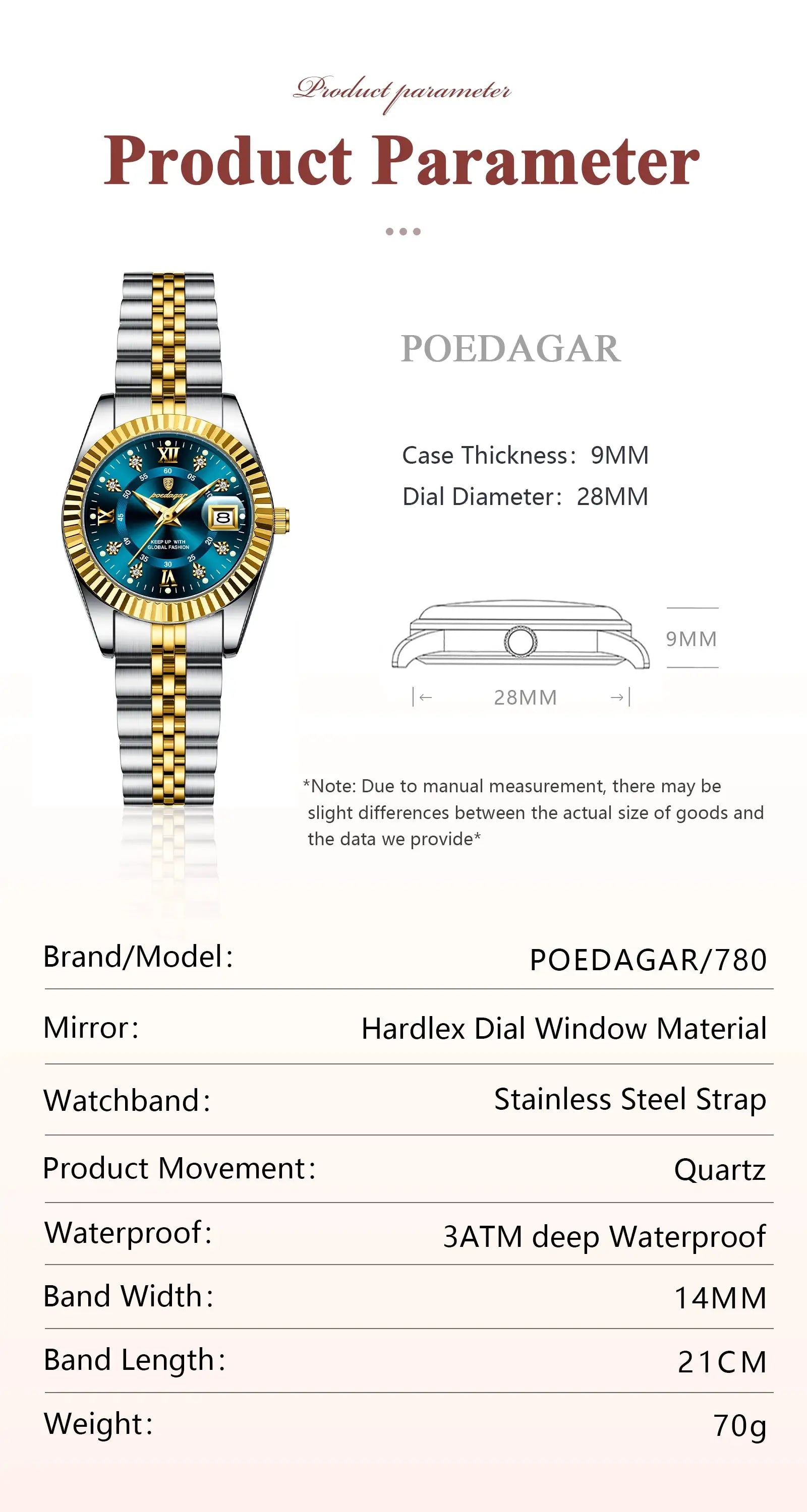 POEDAGAR women's luxury watch, two-tone stainless steel bracelet, blue dial with gold bezel and date window
