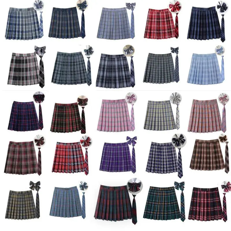 Simples Market women plaid pleated JK skirt with necktie bowtie, multi-color set of 30 A-line mini skirts