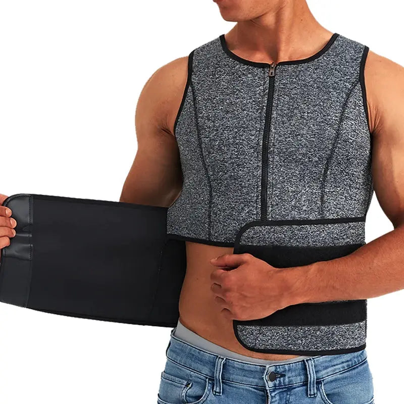 Simples Market men's waist trainer sauna vest in gray speckled fabric with front zipper