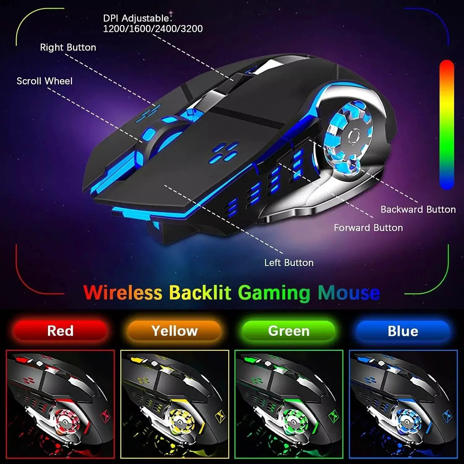 Simples Market wireless gaming keyboard and mouse set with RGB backlit; rechargeable keyboard and 7-color RGB mouse