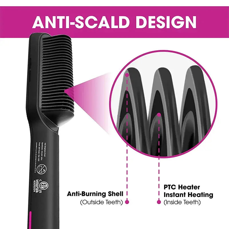 Simples Market hair dryer comb with anti-scald design, black with pink accents, features PTC instant heating