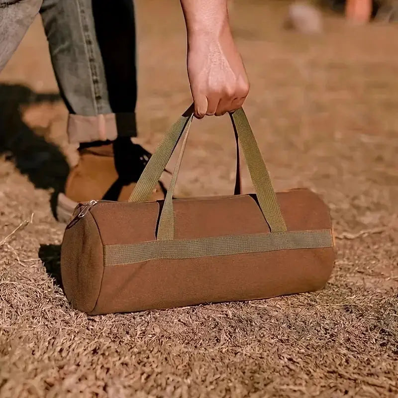 Camping tools storage bag, cylindrical brown canvas with olive-green handles, large-capacity tent peg bag