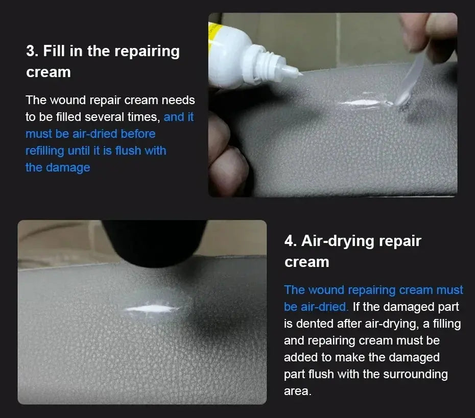 Professional liquid leather repair kit by Simples Market for car seats and sofas; gray leather with repairing cream.