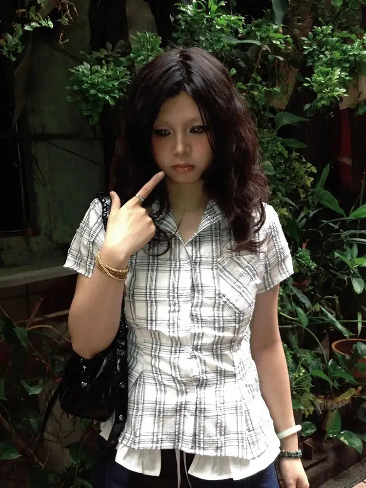 Genayooa Y2k women's plaid short-sleeve shirt, white/gray check, casual streetwear blouse