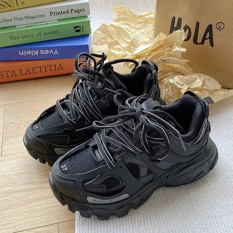 Brand Design sneakers, black chunky dad shoes pair with rugged sole for men