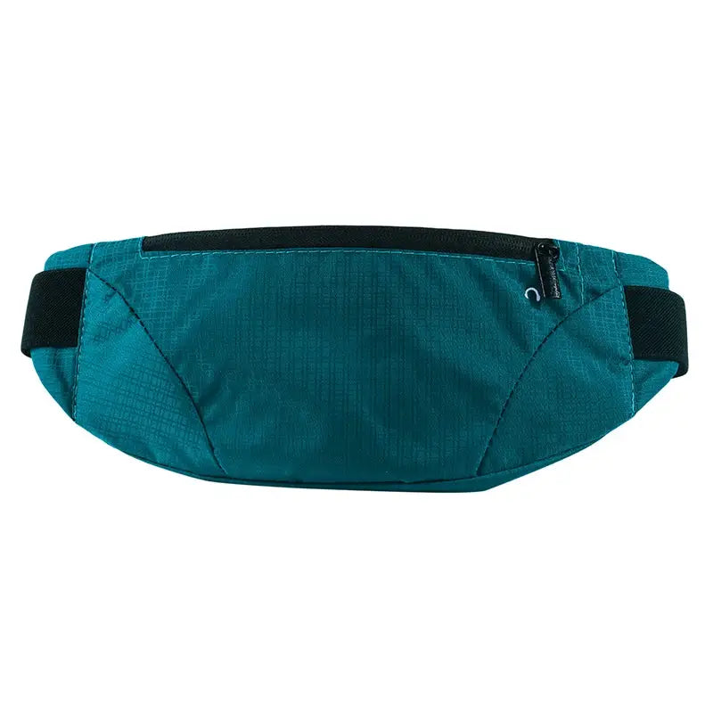Teal fanny pack waist bag with black strap, zip closure, lightweight design.
