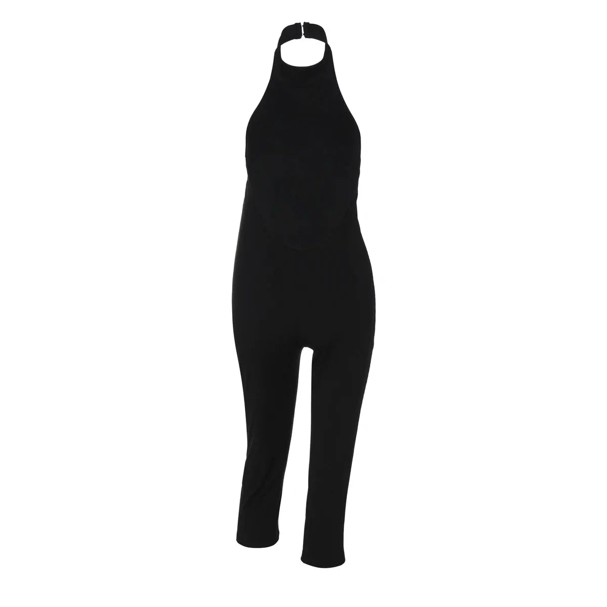 Hugcitar ribbed halter backless solid black jumpsuit, bodycon fit