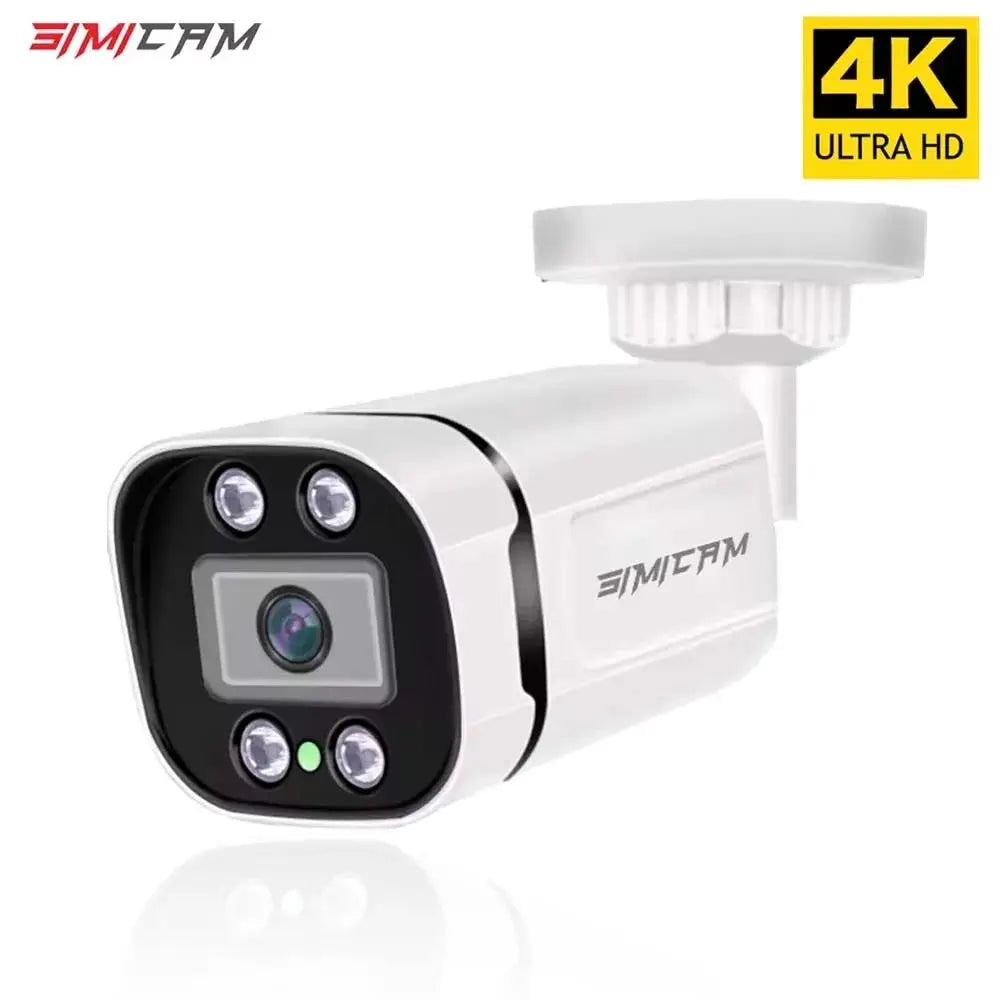 Simicam 4K IP bullet surveillance camera, white with night-vision LEDs.