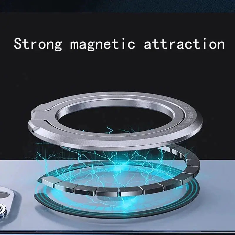 Magnetic phone ring holder in silver, circular removable grip with kickstand for iPhone MagSafe, Samsung, Xiaomi