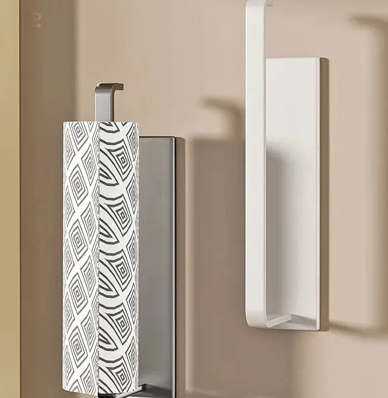 Simples Market white wall-mounted magnetic paper towel holder with geometric-pattern towel and slim side cabinet