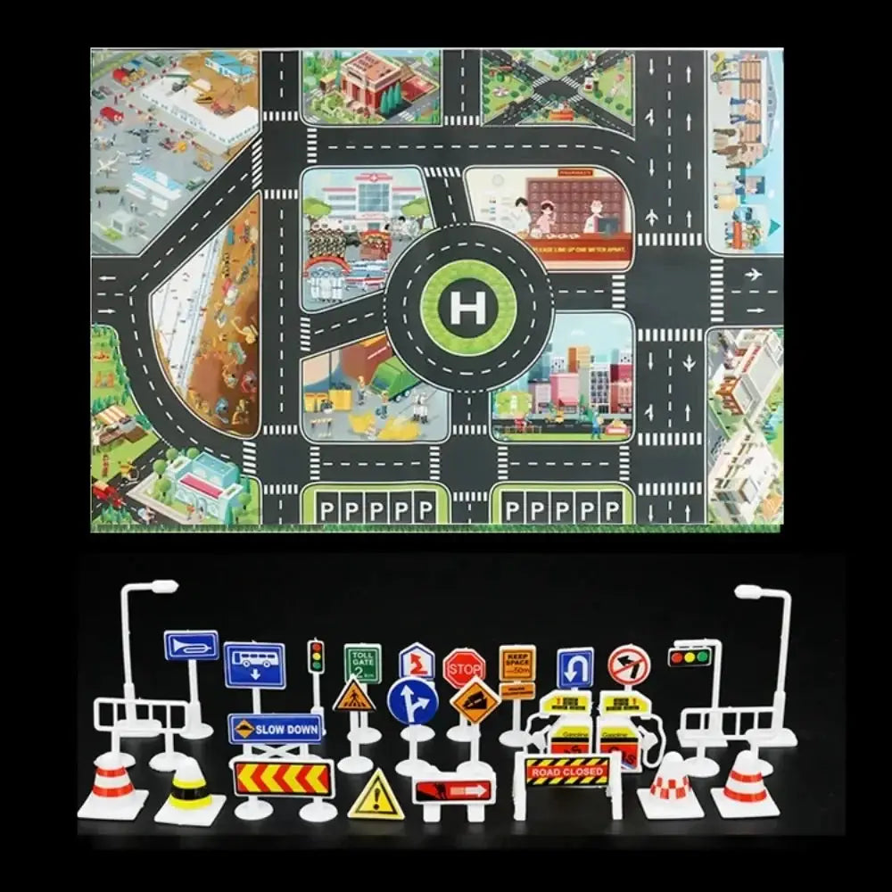 City Traffic Road Map Play Mat For Toddlers With Roads Buildings Parking Lots And Traffic Signs